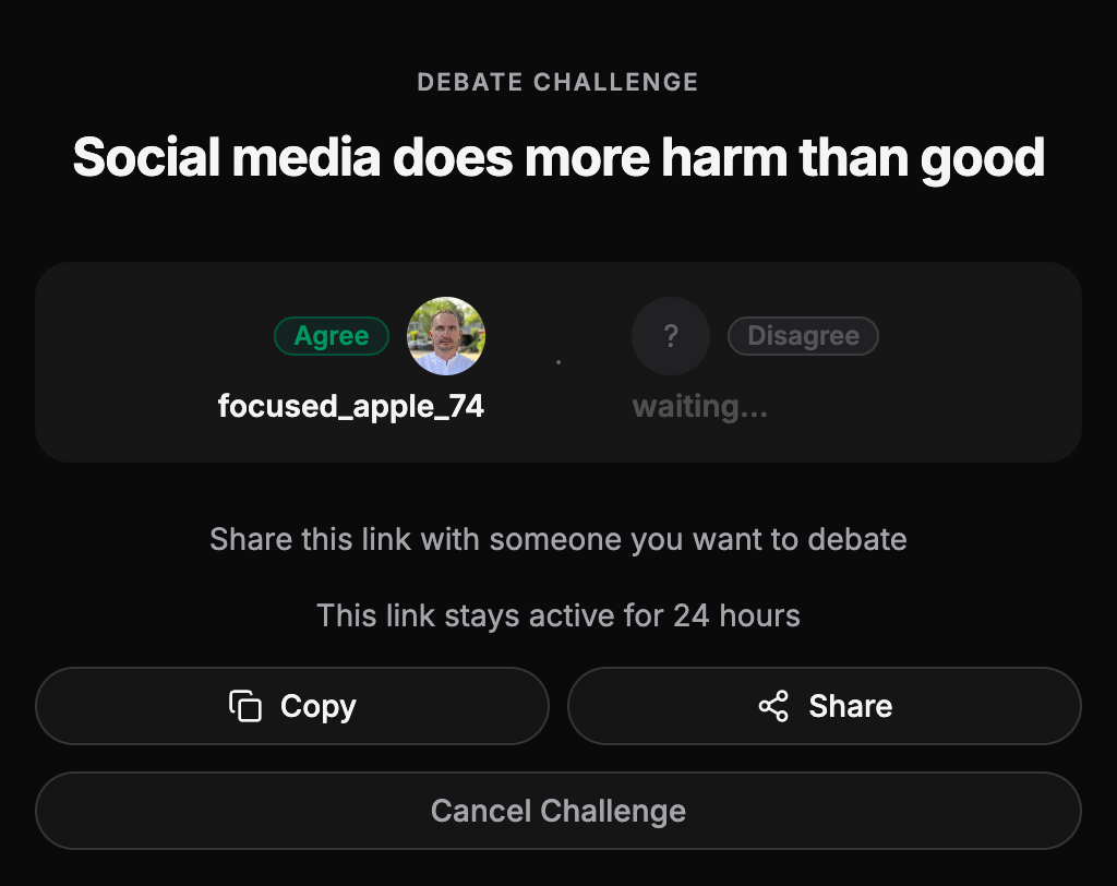 A Debbly debate challenge with a claim, the challenger on the Agree side, and Copy and Share buttons for the challenge link